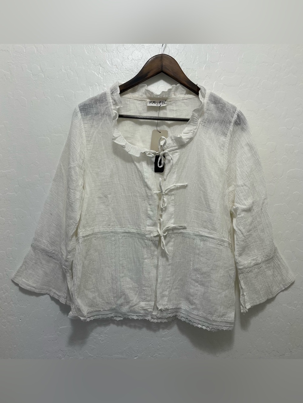 Ze-Ze Concepts White Cotton Tie Front Blouse Lace Peasant Top Sz XL NWT